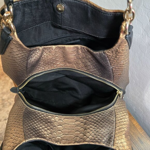 Coach Ombre Gold Metallic Python Embossed Leather Shoulder Bag Dual Black Handle - Picture 8 of 12
